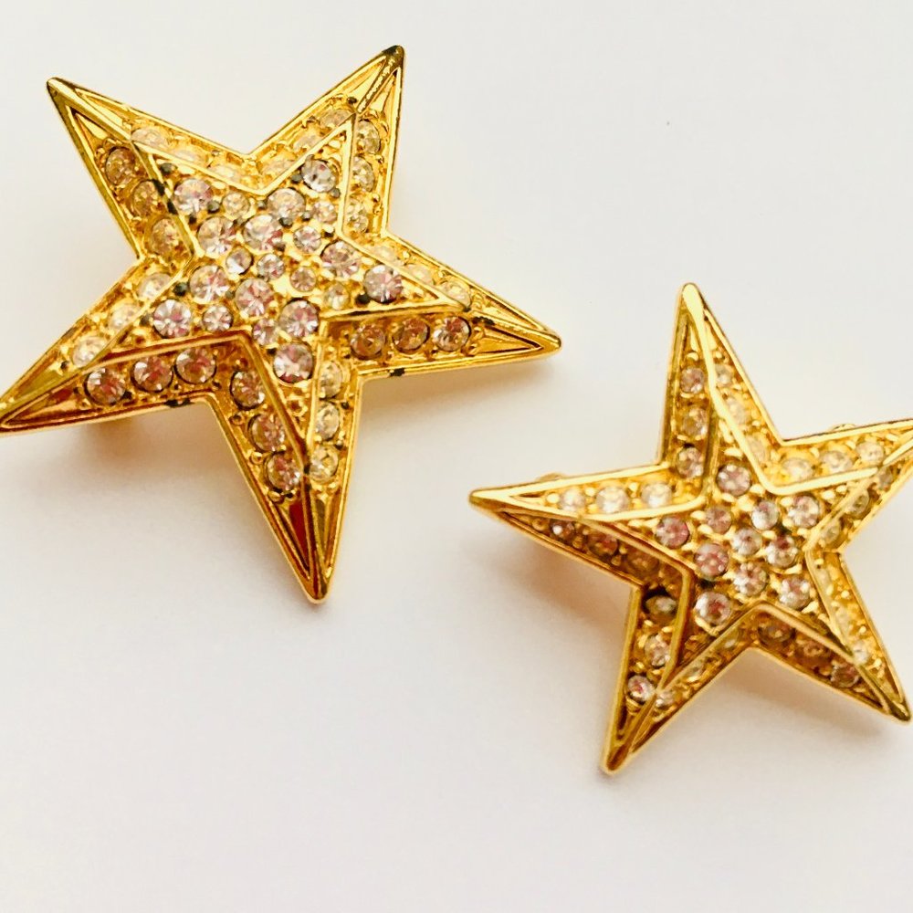 VINTAGE JOAN RIVERS Gold Tone Star Pin Brooches w Pave set Rhinestones - Signed
